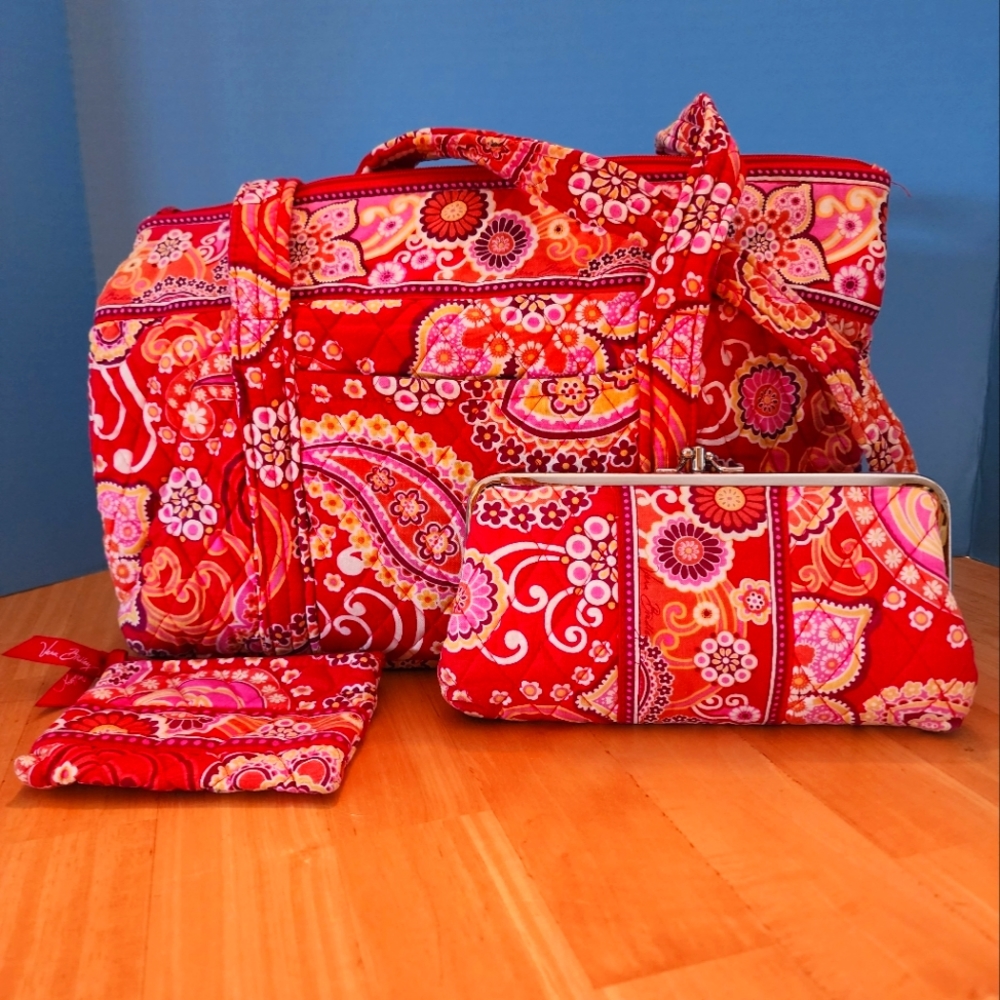 COPY - Vera Bradley Raspberry Fizz Pink Satchel, Wallet and Card Case 3 piece S…